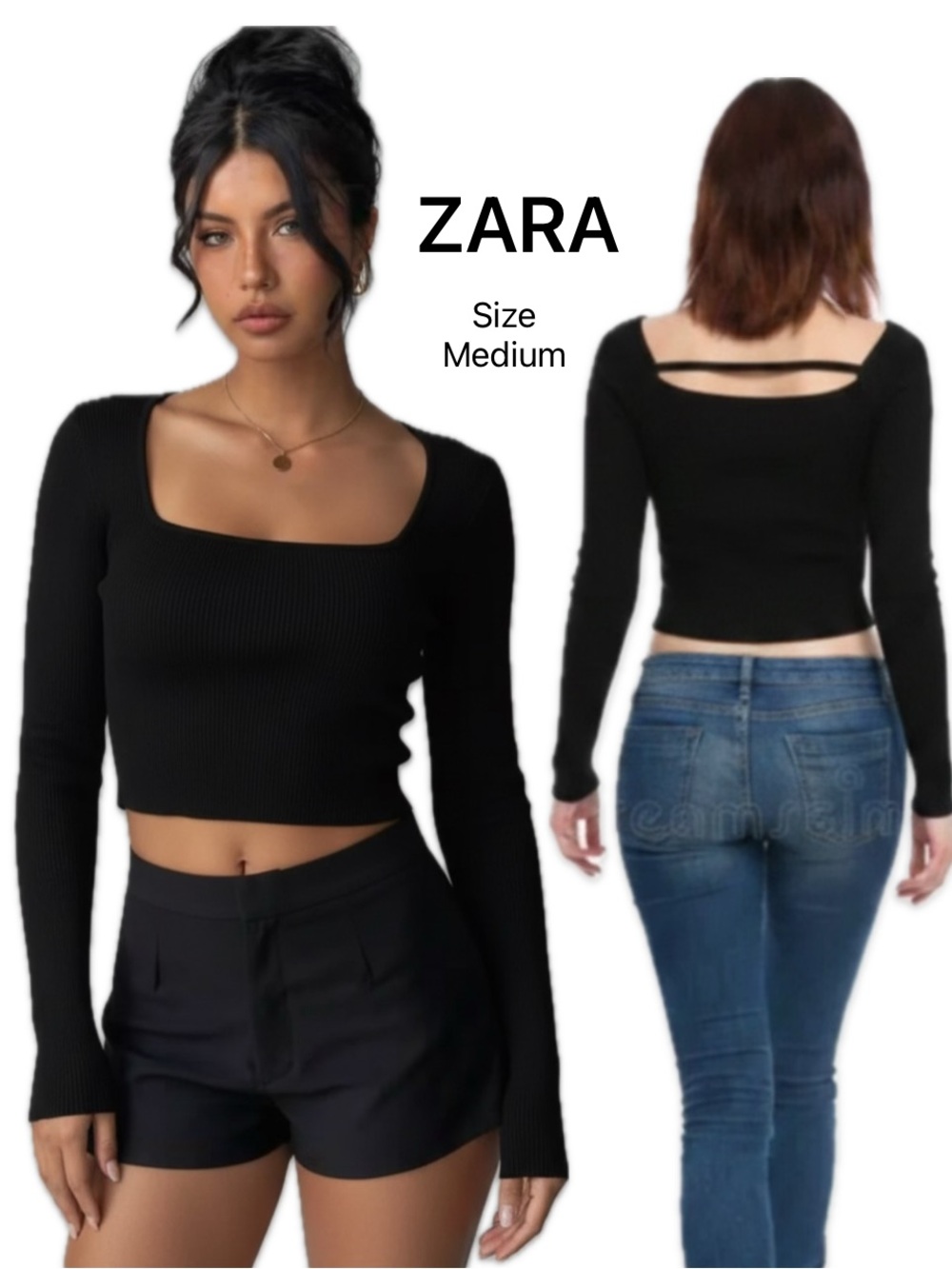 ZARA Black Ribbed Crop Top Long Sleeve Strap Square Back Bodycon Medium PTP 15.5